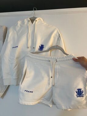 Frame Denim White Hoodie and Shorts Set with Blue Crest